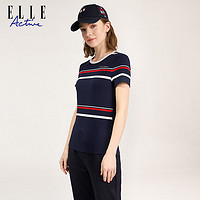 ELLE Active 2023春夏新款法式条纹短袖t恤女修身圆领体恤上衣显瘦