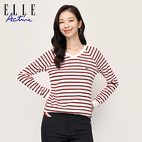 ELLE Active 2023初秋新款法式V领长袖T恤上衣女 修身条纹打底衫