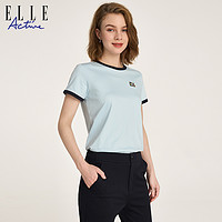 ELLE Active 蓝色圆领短袖上衣女2023新款纯色正肩休闲运动t恤女棉