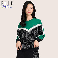 ELLE Active 休闲复古拼接运动卫衣女2023初秋款绿色字母上衣