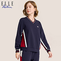 ELLE Active 2023初秋款休闲落肩V领卫衣女藏青色套头运动服潮搭