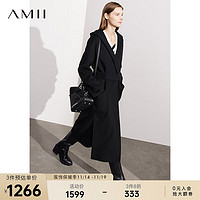 AMII 2023冬连帽开叉配腰带全羊毛双面呢大衣女宽松毛呢外套 黑色 155/80A/S