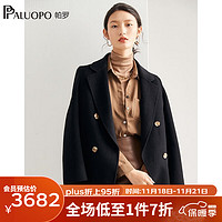 帕罗（PALUOPO）双面呢女士纯山羊绒毛呢大衣秋冬西装领系带呢子大衣毛呢外套 黑色 L/165