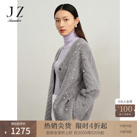 玖姿·安娜蔻优雅轻奢感珍珠V领羊剪绒一手长大衣女 灰色 L