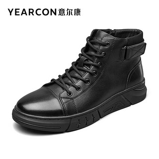 YEARCON 意尔康 男鞋 时尚百搭高帮板鞋男冬季真皮简约侧拉链运动休闲鞋子男 黑色 43