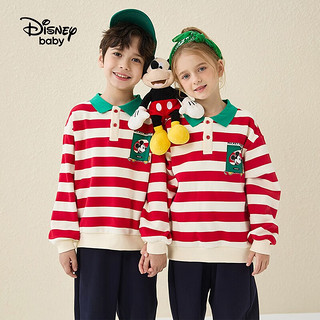 Disney 迪士尼 童装新年翻领长袖加绒保暖套装冬装卡通时尚帅气 红米宽条