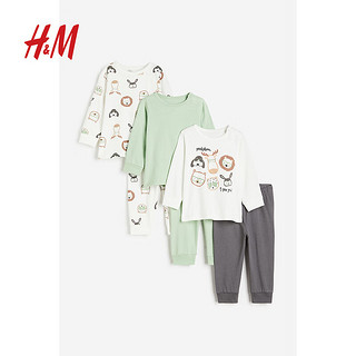 H&M童装儿童套装3件装早秋柔软棉质圆领长袖上衣和长裤1101097 深粉色/鹿 110/56