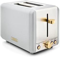 TOWER T20036WHT Cavaletto 2 片烤面包机,带除霜/再加热,不锈钢,850W,白色和金色