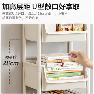 索尔诺（SuoErnuo）书架落地可移动置物架零食架玩具收纳架小推车简易架子带轮储物架 4层白色(平顶)带滚轮+挂钩