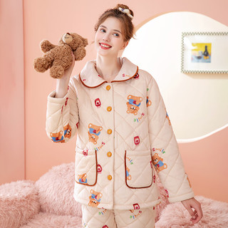 芬腾睡衣女冬夹棉加厚翻领长袖开防静电小熊亲子家居服睡衣套装 米杏 L