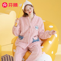 芬腾睡衣女冬加厚珊瑚绒V领双面长毛绒提花布朗熊IP家居服套装 樱花粉 M