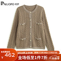 帕罗（PALUOPO）100%女士秋冬毛衣加厚绞花圆领开衫新针织外搭上衣 23318 花米驼 105/L