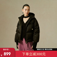 艾莱依（ERAL）国风羽绒服女连帽复古短款鸭绒翻领保暖外套冬 炭黑 155【80-110斤】S