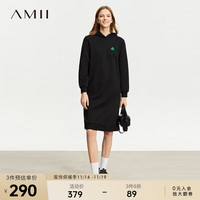 AMII2023冬极简休闲纯色连帽暖氧吧加厚保暖绣花套头连衣裙 黑色 160/84A/M