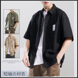 奥派鲨 夏季薄款短袖衬衫男士潮牌宽松大码纯棉日系复古工装衬衣休闲外套