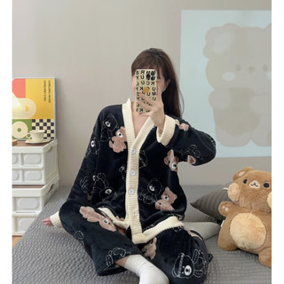 宝娜斯（BONAS）QZ配饰法兰绒韩版可外穿秋冬加厚珊瑚绒可爱卡通家居服 DS黑熊 均码(80-140可穿)