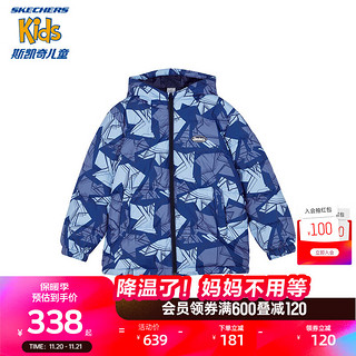 SKECHERS 斯凯奇 羽绒服男女童连帽羽绒外套冬季时尚三防儿童服L423K042 深底不规则线条色块/03GQ 160cm