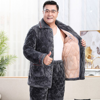 轩朵淇 男士睡衣秋冬季三层加厚加绒珊瑚绒夹棉保暖中老年爸爸家居服套装