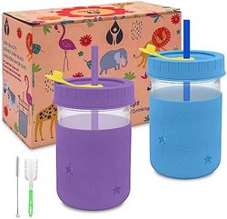 XccMe 儿童幼儿杯,8 盎司玻璃梅森罐,幼儿冰沙杯带硅胶套,硅胶吸管,吸管刷和杯刷