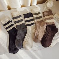 x凡义秋冬季女中筒日系堆堆袜复古森系涤棉 粗条纹两杆款 5双装