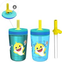 zak! designs Zak Designs Baby Shark Kelso 平底杯套装,带吸管的防漏螺丝盖,儿童套装包括塑料和不锈钢杯,带附赠吸管
