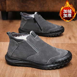 西域骆驼马丁靴男款秋冬季加绒保暖靴子皮面短靴高帮棉鞋潮工装靴加厚 卡其色 41