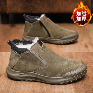 西域骆驼马丁靴男款秋冬季加绒保暖靴子皮面短靴高帮棉鞋潮工装靴加厚 卡其色 41