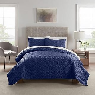 Serta 舒达 简单舒适柔软现代 3 件套纯色床上用品被套装带枕套,适用于四季,大号双人床,*蓝