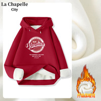 La Chapelle City拉夏贝尔黑色加绒连帽卫衣女冬季薄绒外套复古感上衣潮 车厘子红-假期 M