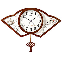 Hense 汉时 创意扇形中式挂钟中国风挂表客厅木质装饰摆钟时钟家用石英钟表HP05富贵花开大号