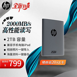 HP 惠普 2TB 战移动固态硬盘 2000MB/s高性能读写Type-C便携差旅高速传输 外接手机迷你硬盘资料备份 灰色