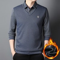 ROMON 罗蒙 2023冬季假两件毛衣男加绒加厚打底衫中老年轻商务内搭衬衫领针织