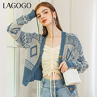La·go·go 拉谷谷 Lagogo2021新款V领撞色图案装饰开衫女KCMM879A35