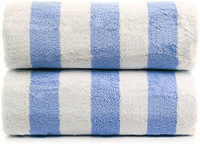 Chakir 土耳其亚麻布  优质大号酒店和水疗2件套沙滩泳池毛巾带小屋条纹,环保,土耳其棉,2件套,蓝色