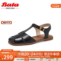 Bata 拔佳 包头凉鞋女2023夏季商场新款牛皮镂空复古软底罗马鞋ARP02BL3 黑色 35