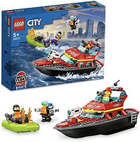 LEGO 乐高 60373 城市消防救援船玩具，漂浮在水面上，配有喷气背包、小艇和 3 个小人仔