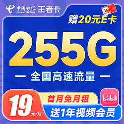 CHINA TELECOM 中国电信 王者卡 19元月租（255G全国流量+送12个月B站大会员）激活赠20元E卡