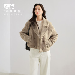 duibai对白绒感仿羊羔毛西装翻领大衣女式短款夹棉外套