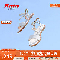 Bata 拔佳 时装凉鞋女2023夏商场新款羊皮平软底舒适一字带凉鞋ABT15BL3 米色 38
