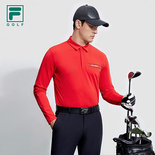 FILA 斐乐男子针织长袖POLO衫2023冬防晒高尔夫运动上衣 番茄色-RD 175/96A/L