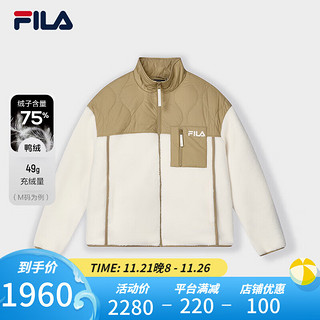 FILA 斐乐女士羽绒服2023冬时尚休闲泰迪绒拼接立领外套 荞麦卡其-LK 165/84A/M