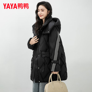 鸭鸭羽绒服鸭鸭（YAYA）羽绒服女中长款个性百搭条纹加厚连帽休闲保暖外套HY 黑色 165/88A（L）