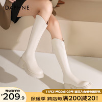 达芙妮厚底V口长筒靴女冬加绒高筒靴显瘦百搭小个子骑士靴女 米白色【加绒款】 38