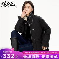 GIORDANO 佐丹奴 外套女秋冬保暖时尚格纹可立领中长款宽松棉服18373915 09黑 L
