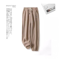 NASALIKE 秋冬款奥粒绒卫裤加绒加棉绒束脚男女竖条保暖裤 奶茶色 M (80-100斤