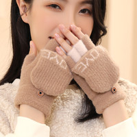 美汐之恋 手套冬季女秋冬天可爱加绒保暖防寒男写作业翻盖半指手套毛绒