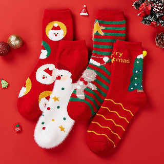芬腾袜子女2023欢乐圣诞暖绒卡通红色耐磨不起球中筒袜4双装 红色/大红/杏红/红条 均码