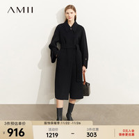 AMII2023冬轻奢绵羊毛双面呢子大衣长款翻领配腰带外套上衣 黑色 155/80A/S