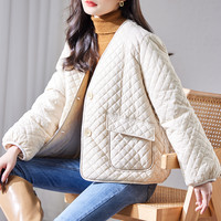 dme 德玛纳 冬装简约V领格纹保暖派克服轻薄羽绒服女