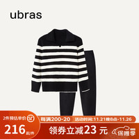ubras慕斯绒条纹保暖睡衣女睡衣冬季家居服套装 小翻领-黑色 S